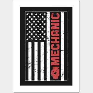 Engine Block Mechanic & American Flag Posters and Art